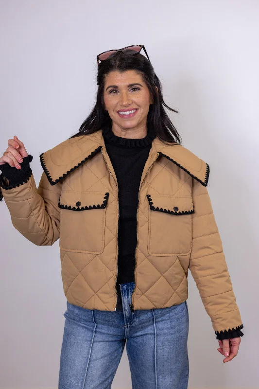 Embroidered Favorite Tan Puffer Jacket