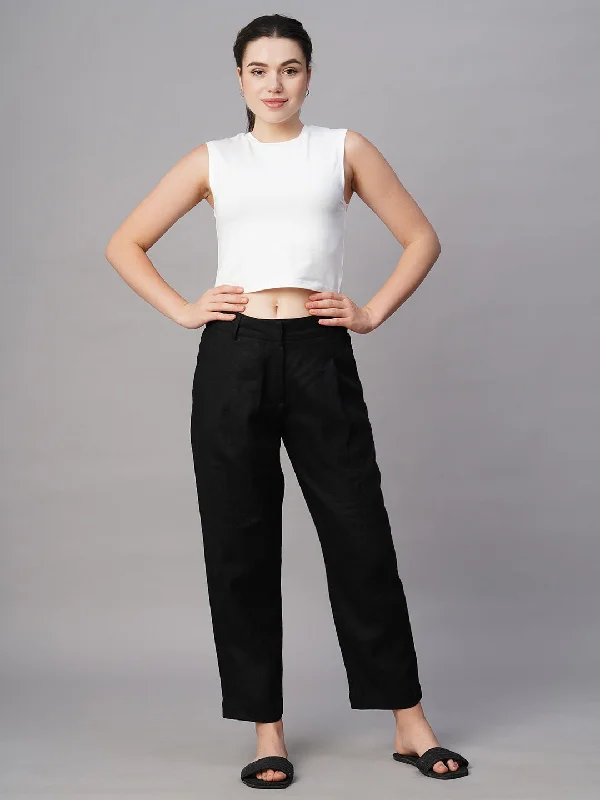 Women's Black Linen Regular Fit Pant