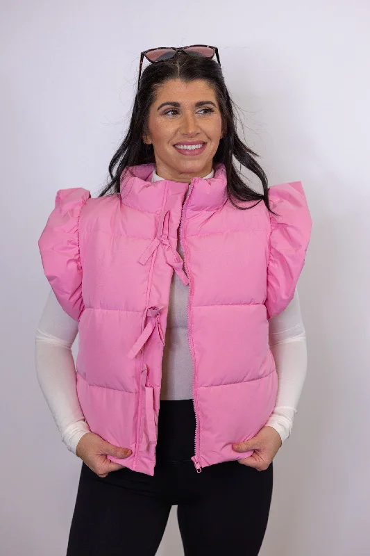 Ruffled Charm Pink Puffer Vest